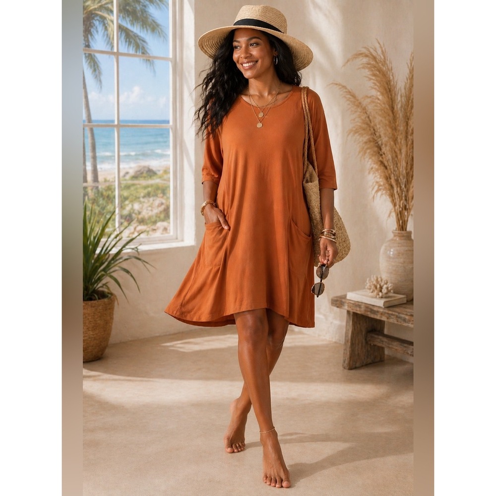BLUE CANOE Organic Cotton T-Shirt Dress L Stretch Lagenlook Minimalist Vacation